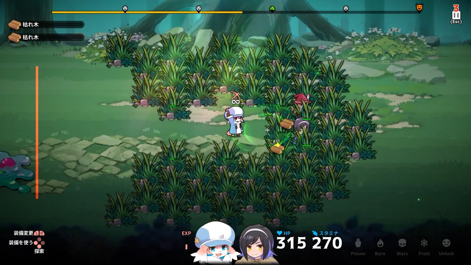 Deretan screenshot gameplay Abyss Kitchen yang memperlihatkan Lop mengumpulkan bahan di dungeon, party bertarung otomatis, monster lucu, boss battle, crossbow, bahan makanan monster, cooking camp, dan hidangan fantasy untuk memperkuat party - gambar 1