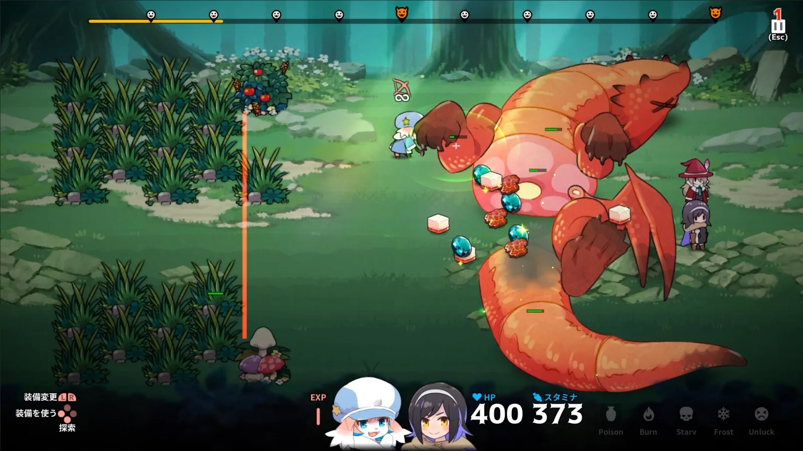 Deretan screenshot gameplay Abyss Kitchen yang memperlihatkan Lop mengumpulkan bahan di dungeon, party bertarung otomatis, monster lucu, boss battle, crossbow, bahan makanan monster, cooking camp, dan hidangan fantasy untuk memperkuat party - gambar 2
