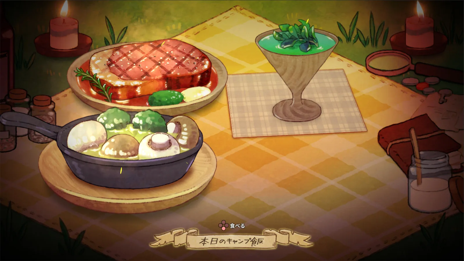 Deretan screenshot gameplay Abyss Kitchen yang memperlihatkan Lop mengumpulkan bahan di dungeon, party bertarung otomatis, monster lucu, boss battle, crossbow, bahan makanan monster, cooking camp, dan hidangan fantasy untuk memperkuat party - gambar 5
