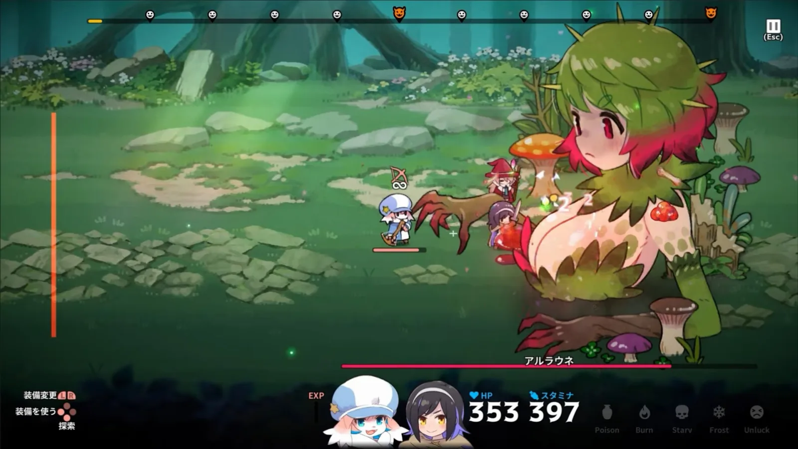 Deretan screenshot gameplay Abyss Kitchen yang memperlihatkan Lop mengumpulkan bahan di dungeon, party bertarung otomatis, monster lucu, boss battle, crossbow, bahan makanan monster, cooking camp, dan hidangan fantasy untuk memperkuat party - gambar 8