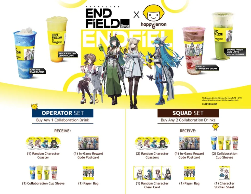 Item kolaborasi Arknights: Endfield x Happy Lemon, termasuk coaster, clear card, sticker sheet, cup sleeve, paper bag, dan reward code postcard