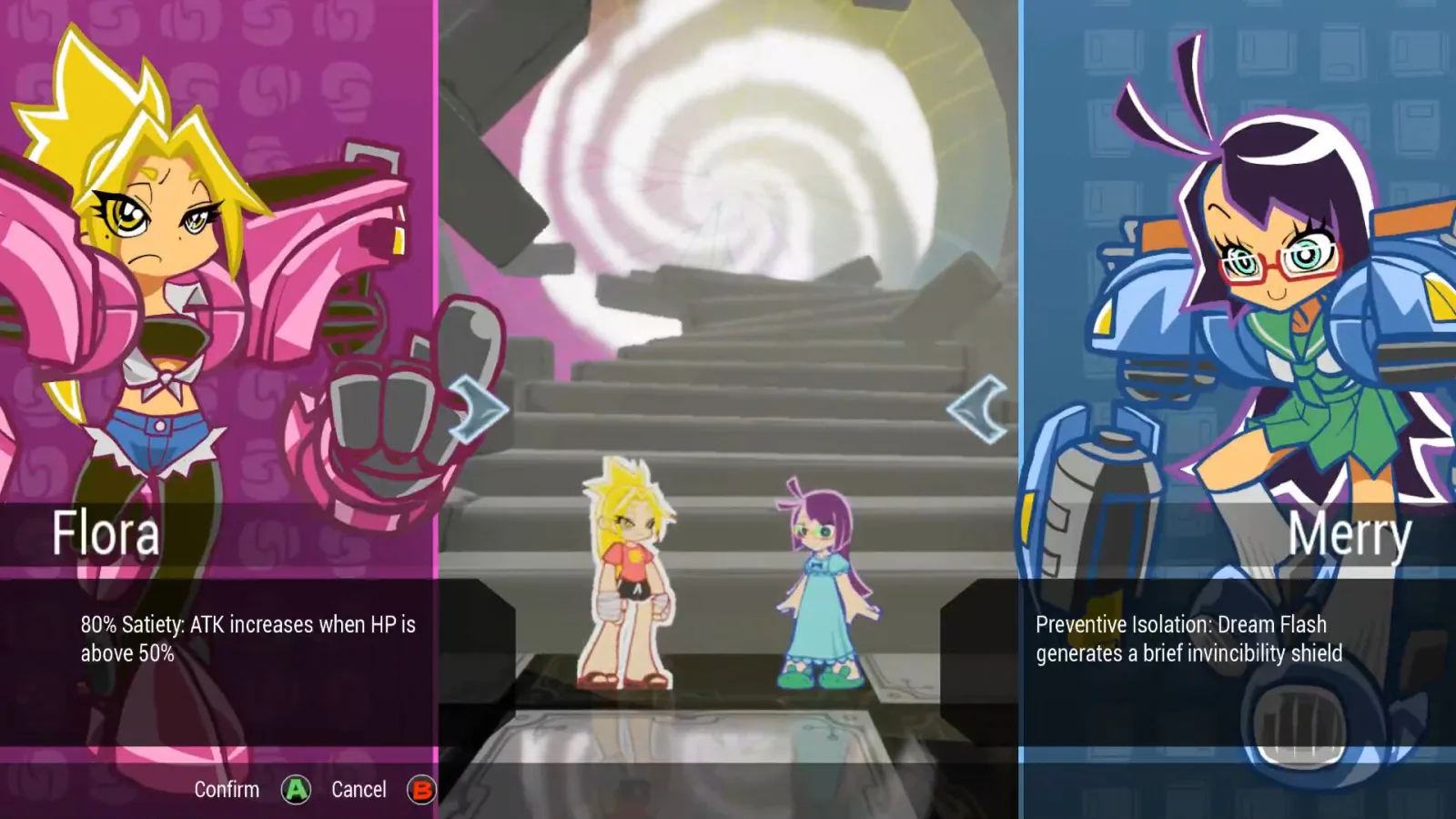 Deretan screenshot gameplay Awaking Beauty: 夢閃少女 yang memperlihatkan aksi tag Flora dan Mary, pertarungan melawan Nightmare, ability, chip, armor break, kombo, dan dunia mimpi bergaya kartun penuh warna - gambar 4