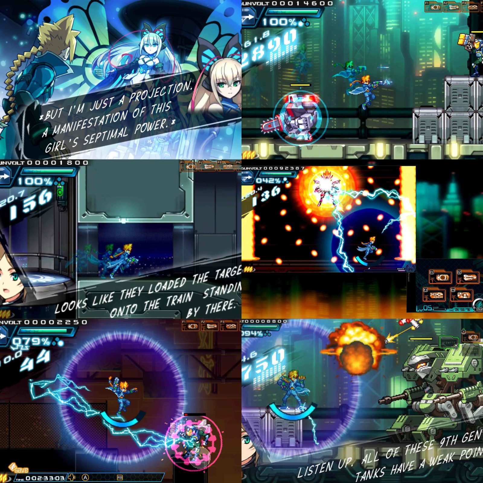 Visual Azure Striker Gunvolt Trilogy Enhanced yang menampilkan aksi cepat, karakter anime, dan pertarungan listrik bergaya side-scrolling