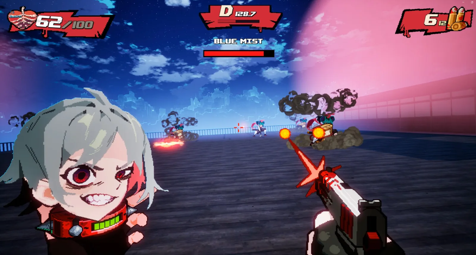 Deretan screenshot gameplay Blood High! yang menampilkan aksi boomer shooter cepat, karakter vampir tanpa kepala, tembakan darah, execution menggunakan kepala, Blood High Mode, arena penuh warna, musuh brutal, dan visual kartun berdarah - gambar 1