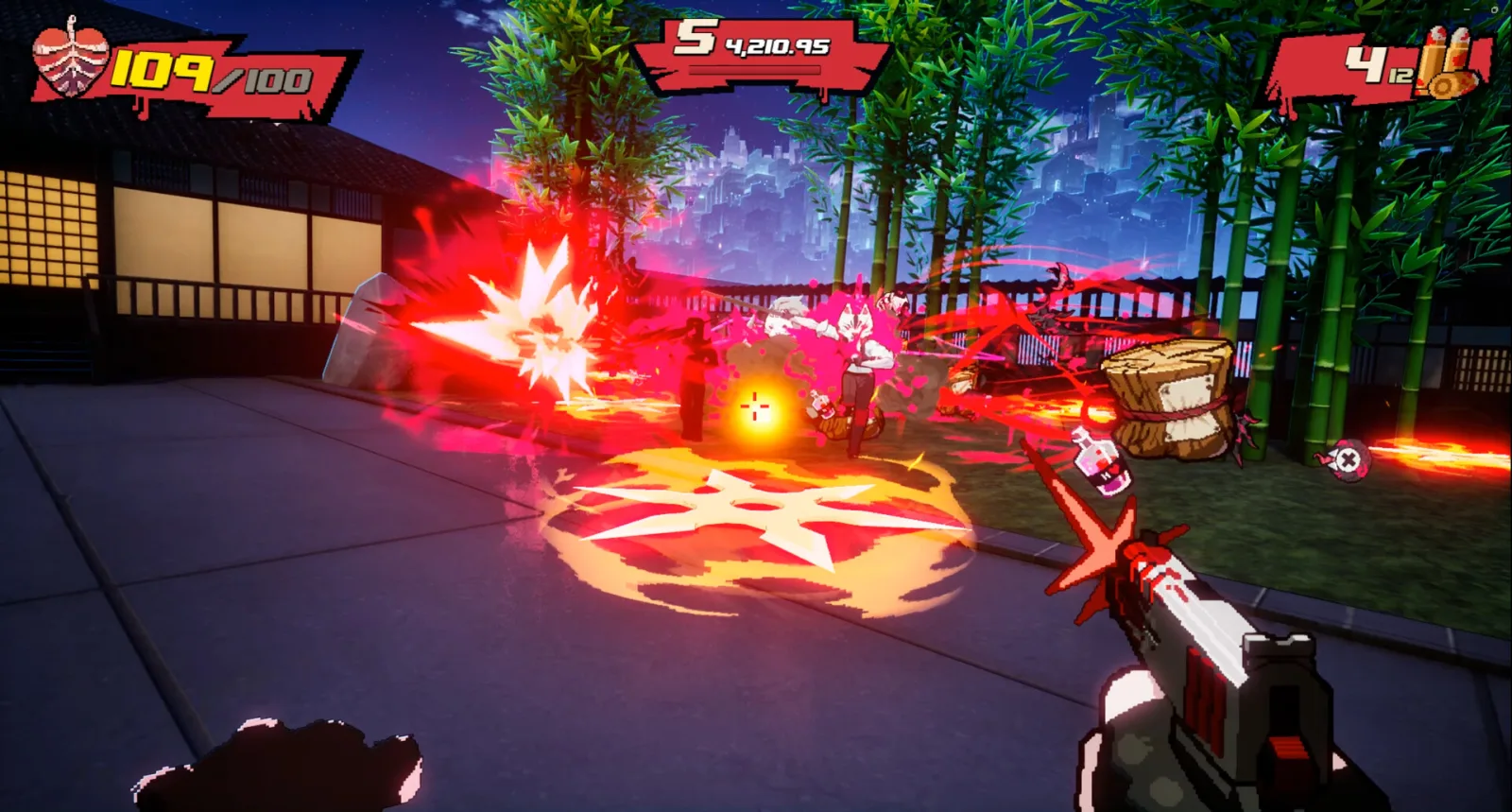 Deretan screenshot gameplay Blood High! yang menampilkan aksi boomer shooter cepat, karakter vampir tanpa kepala, tembakan darah, execution menggunakan kepala, Blood High Mode, arena penuh warna, musuh brutal, dan visual kartun berdarah - gambar 2