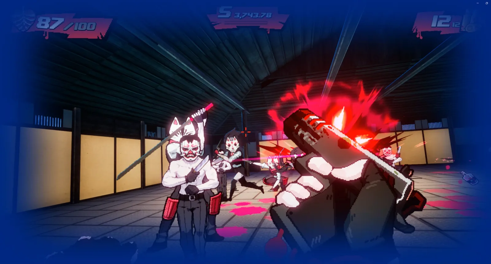 Deretan screenshot gameplay Blood High! yang menampilkan aksi boomer shooter cepat, karakter vampir tanpa kepala, tembakan darah, execution menggunakan kepala, Blood High Mode, arena penuh warna, musuh brutal, dan visual kartun berdarah - gambar 3