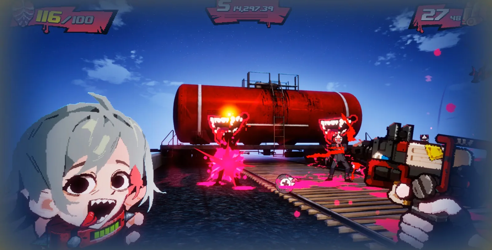 Deretan screenshot gameplay Blood High! yang menampilkan aksi boomer shooter cepat, karakter vampir tanpa kepala, tembakan darah, execution menggunakan kepala, Blood High Mode, arena penuh warna, musuh brutal, dan visual kartun berdarah - gambar 5