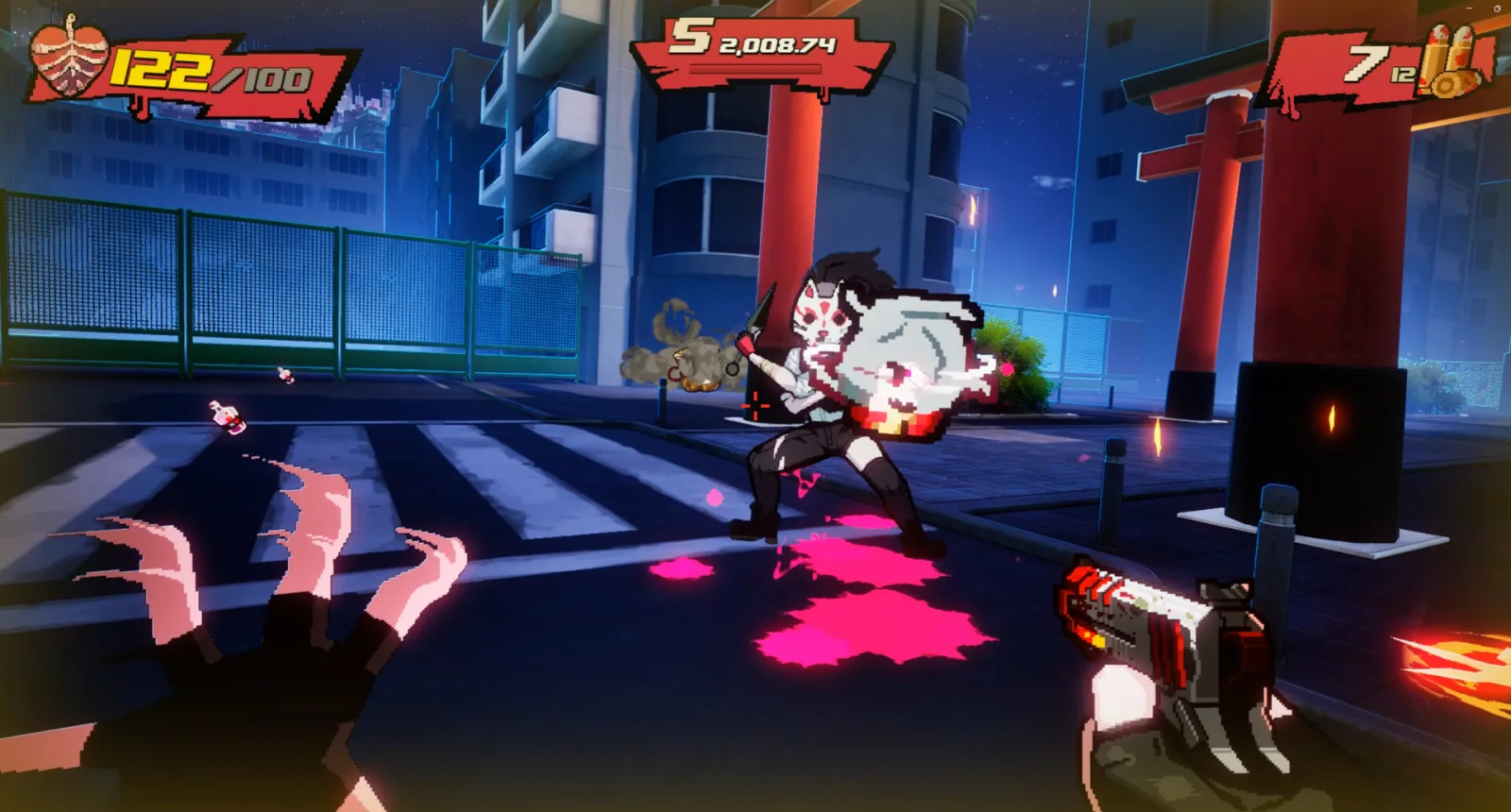 Deretan screenshot gameplay Blood High! yang menampilkan aksi boomer shooter cepat, karakter vampir tanpa kepala, tembakan darah, execution menggunakan kepala, Blood High Mode, arena penuh warna, musuh brutal, dan visual kartun berdarah - gambar 6