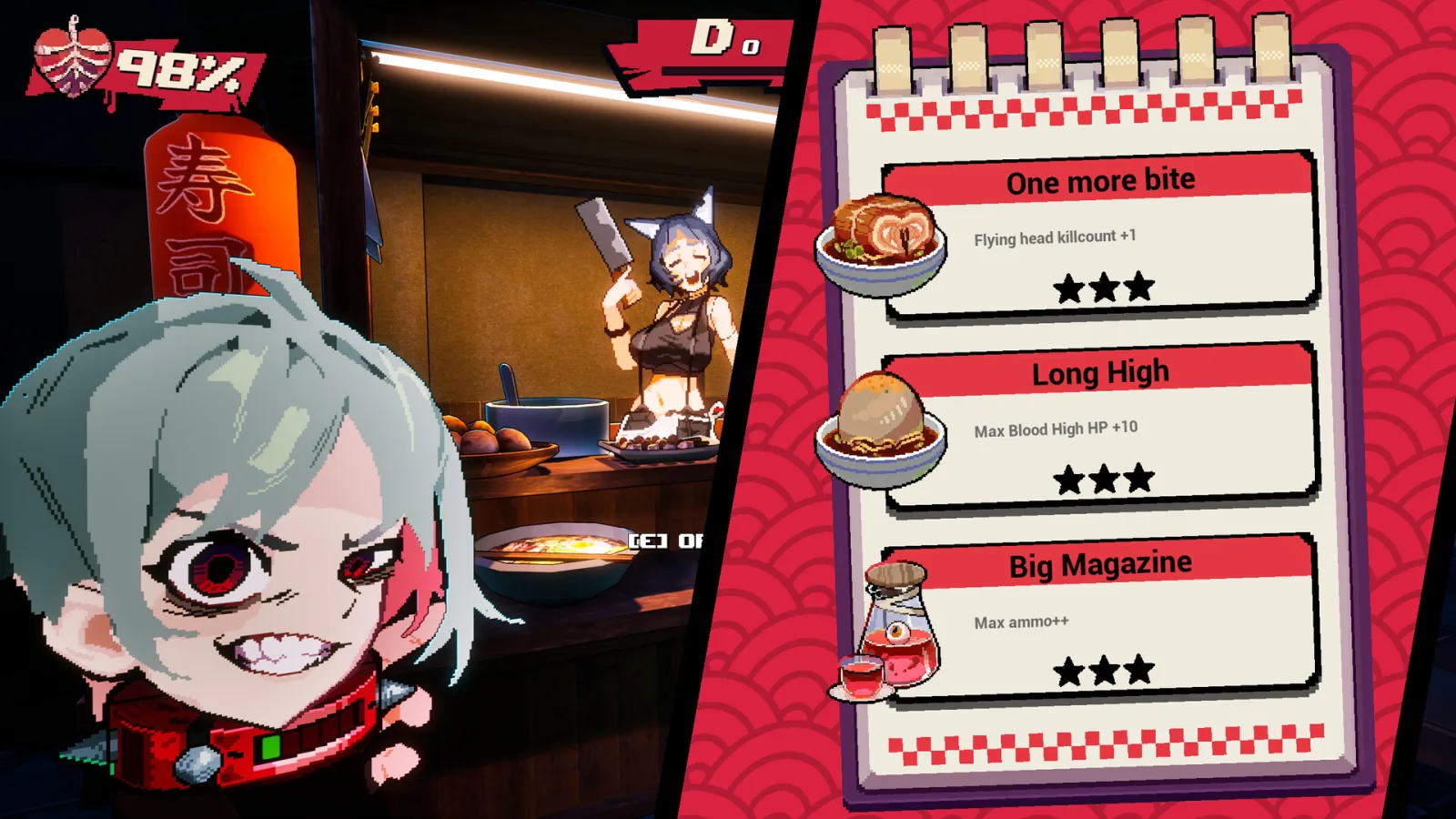 Deretan screenshot gameplay Blood High! yang menampilkan aksi boomer shooter cepat, karakter vampir tanpa kepala, tembakan darah, execution menggunakan kepala, Blood High Mode, arena penuh warna, musuh brutal, dan visual kartun berdarah - gambar 8