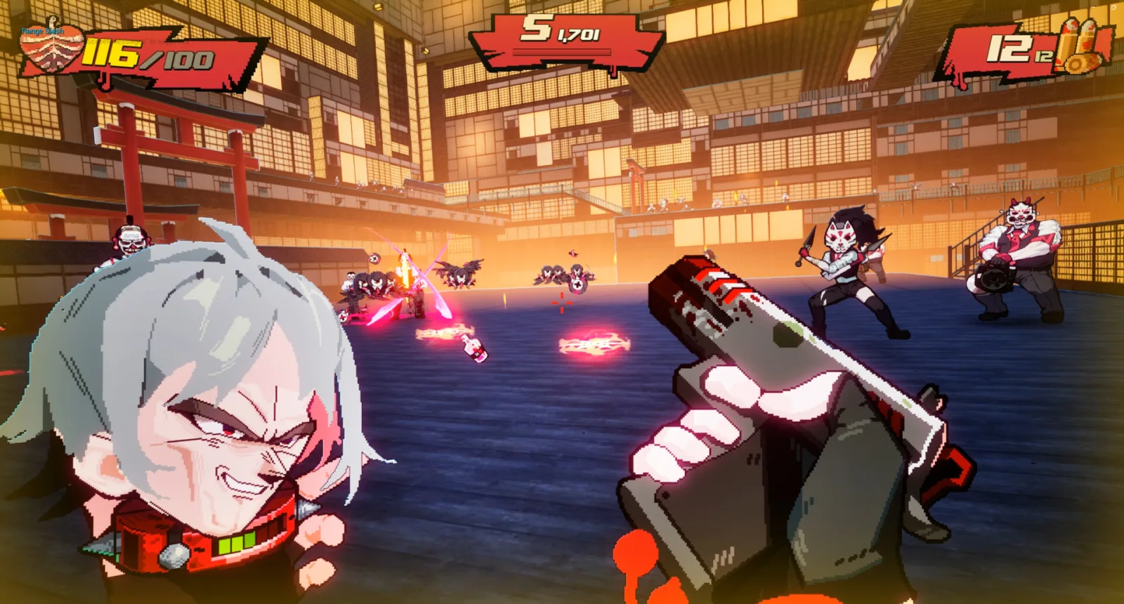 Deretan screenshot gameplay Blood High! yang menampilkan aksi boomer shooter cepat, karakter vampir tanpa kepala, tembakan darah, execution menggunakan kepala, Blood High Mode, arena penuh warna, musuh brutal, dan visual kartun berdarah - gambar 12