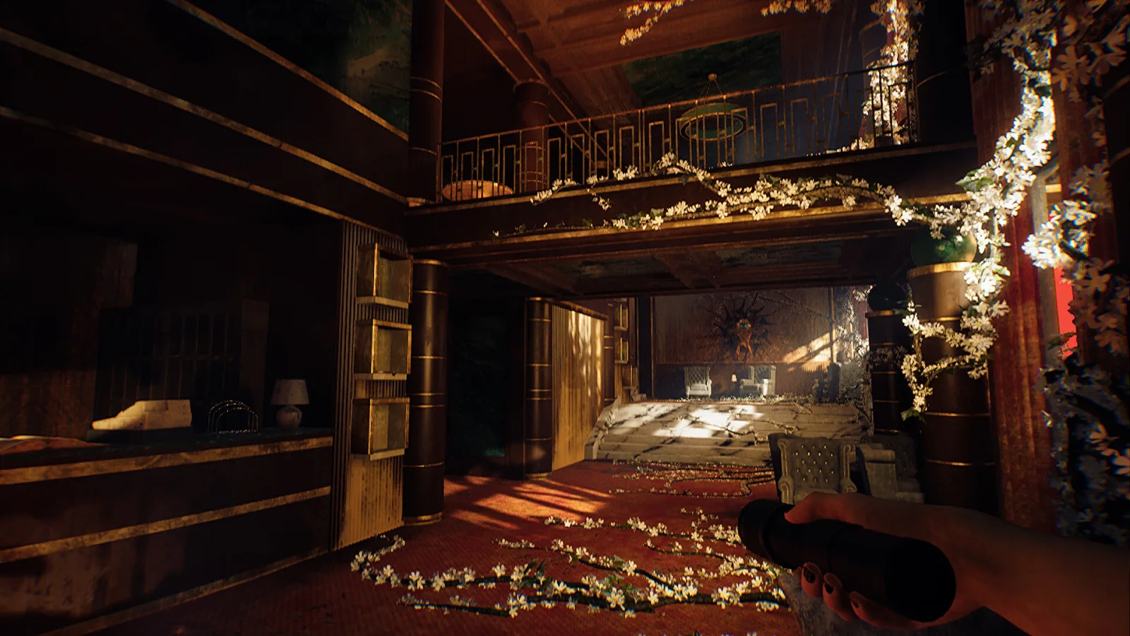 Deretan screenshot Curse of the Crimson Stag yang memperlihatkan Whiteroot Hotel, area sekitar hotel, suasana investigasi, dan atmosfer folk horror yang penuh misteri - gambar 3