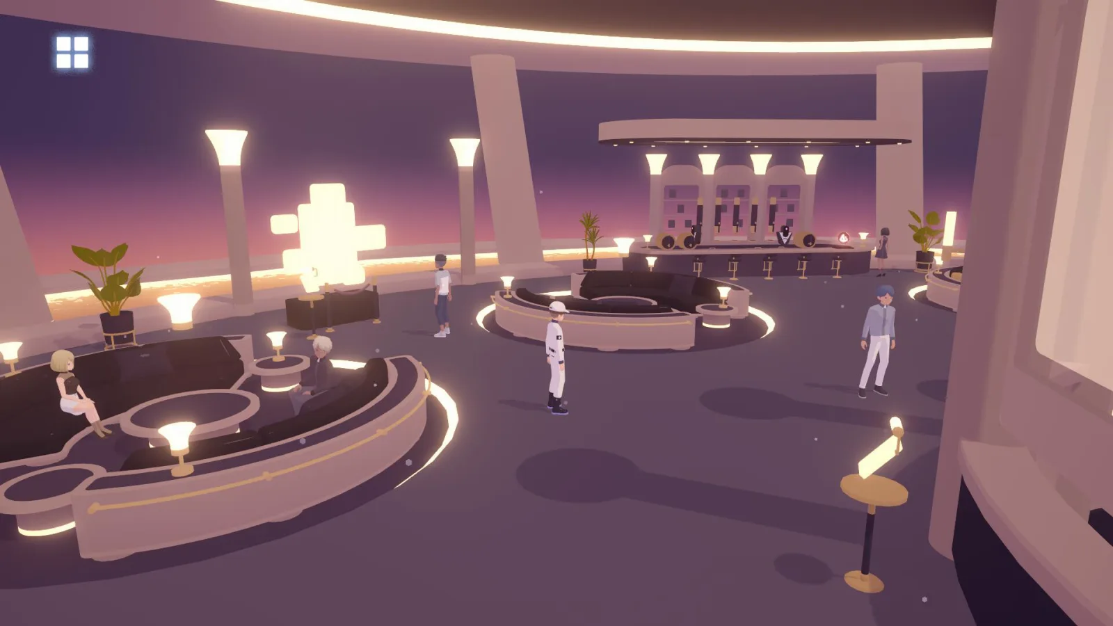 Deretan screenshot gameplay D-topia yang memperlihatkan komunitas futuristik, puzzle logika, interaksi penghuni, fasilitas hunian, bright public reality, hidden Block Side, dan suasana puzzle adventure yang lembut - gambar 9