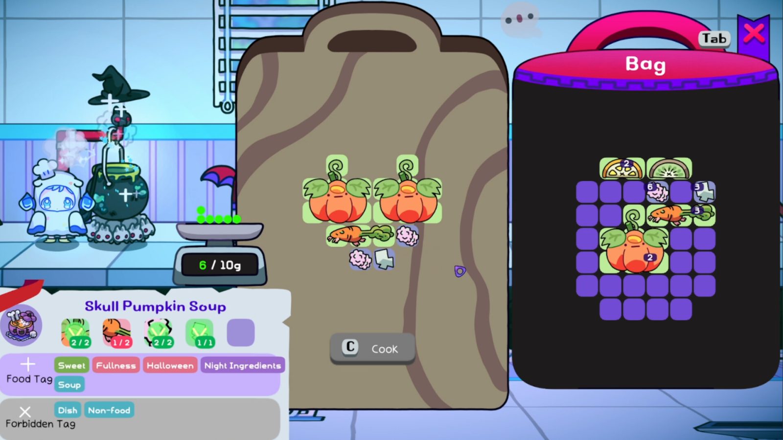 Nuansa visual Spookitchen yang memadukan warna ungu, biru, dan elemen hantu imut khas dunia Halloween