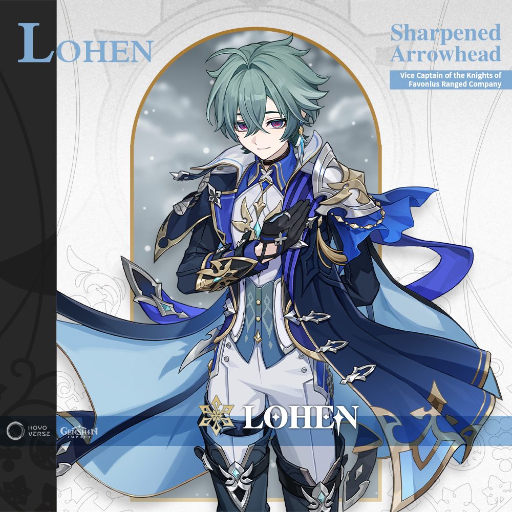 Ilustrasi resmi Lohen, karakter Cryo dari Knights of Favonius di Genshin Impact
