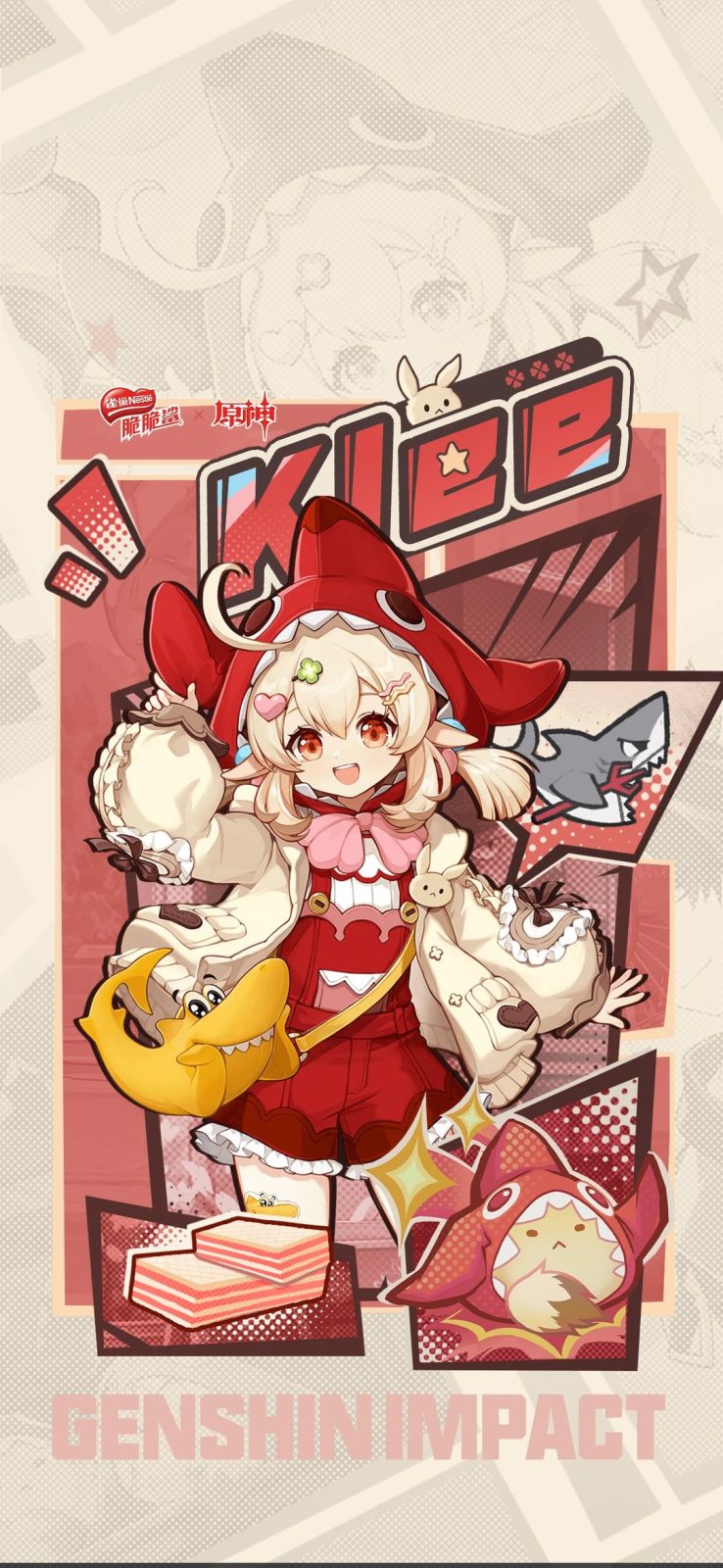 Klee tampil dengan nuansa merah cerah dan gaya playful yang sangat cocok untuk kolaborasi snack