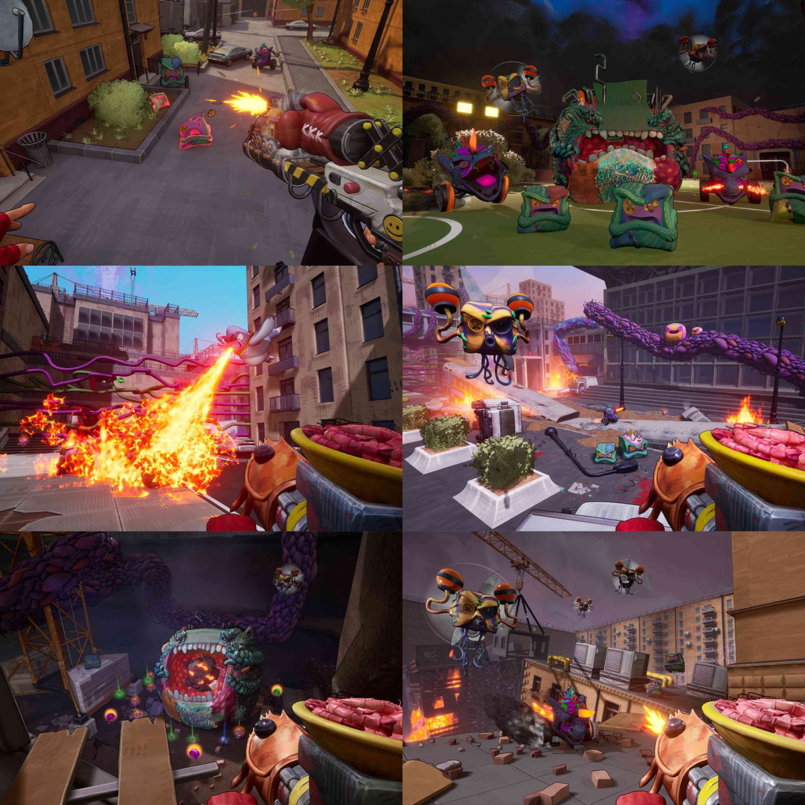 Cuplikan gameplay GRIMPS dengan aksi cepat, senjata absurd, dan musuh plush yang bisa dihancurkan