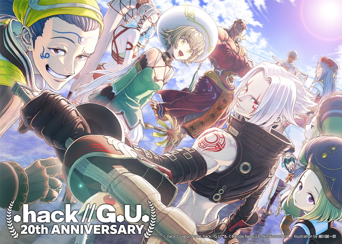 Ilustrasi perayaan 20 tahun .hack//G.U. karya Seiichiro Hosokawa yang menampilkan Haseo, Atoli, Kuhn, Yata, Sakubo, Endrance, Pi, dan Ovan