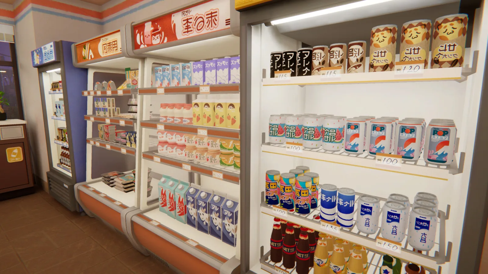 Deretan screenshot inKONBINI yang memperlihatkan minimarket kecil, Makoto, pelanggan tetap, aktivitas mengisi rak, dan suasana kota kecil awal 1990-an - gambar 8