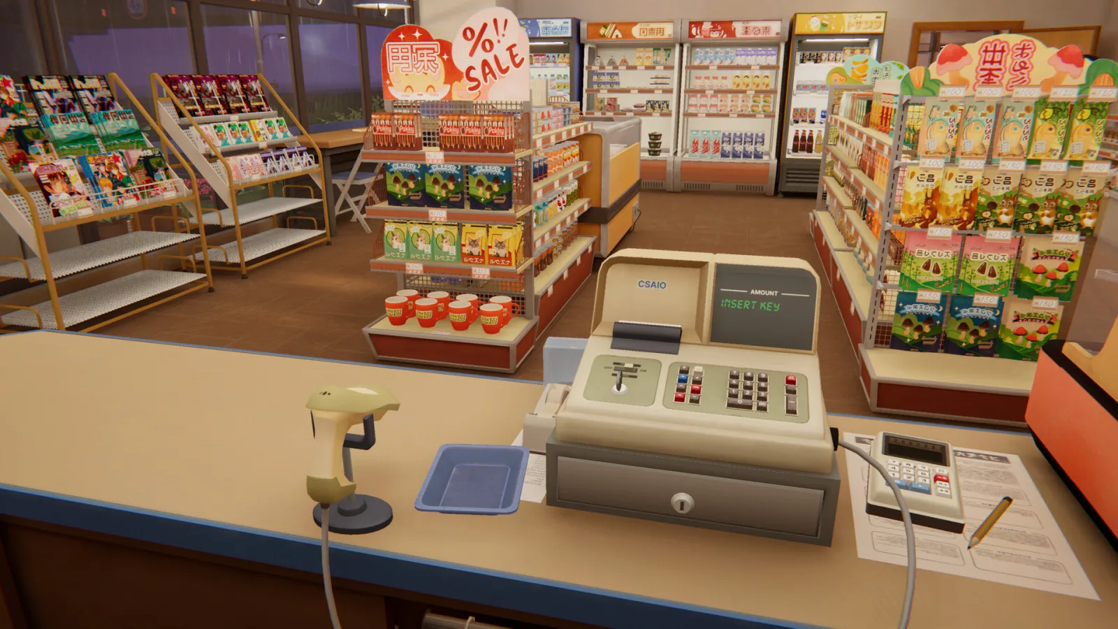 Deretan screenshot inKONBINI yang memperlihatkan minimarket kecil, Makoto, pelanggan tetap, aktivitas mengisi rak, dan suasana kota kecil awal 1990-an - gambar 9