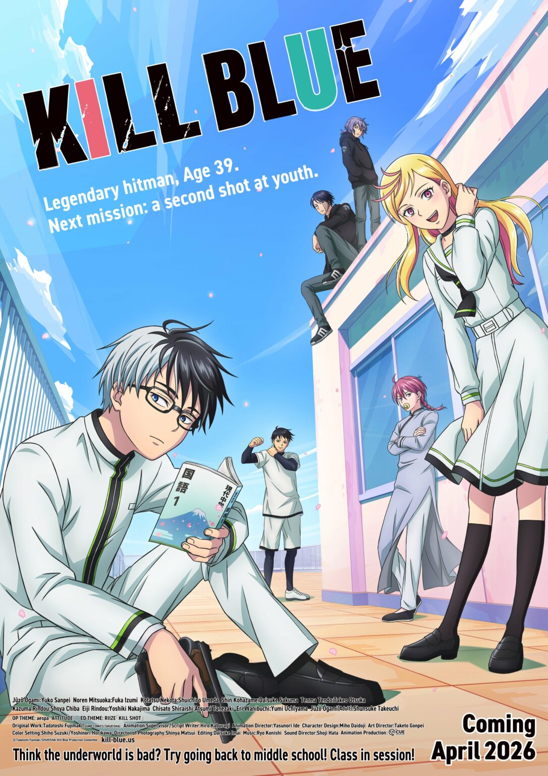 Key visual anime KILL BLUE yang menampilkan karakter utama dan nuansa action-comedy sekolah