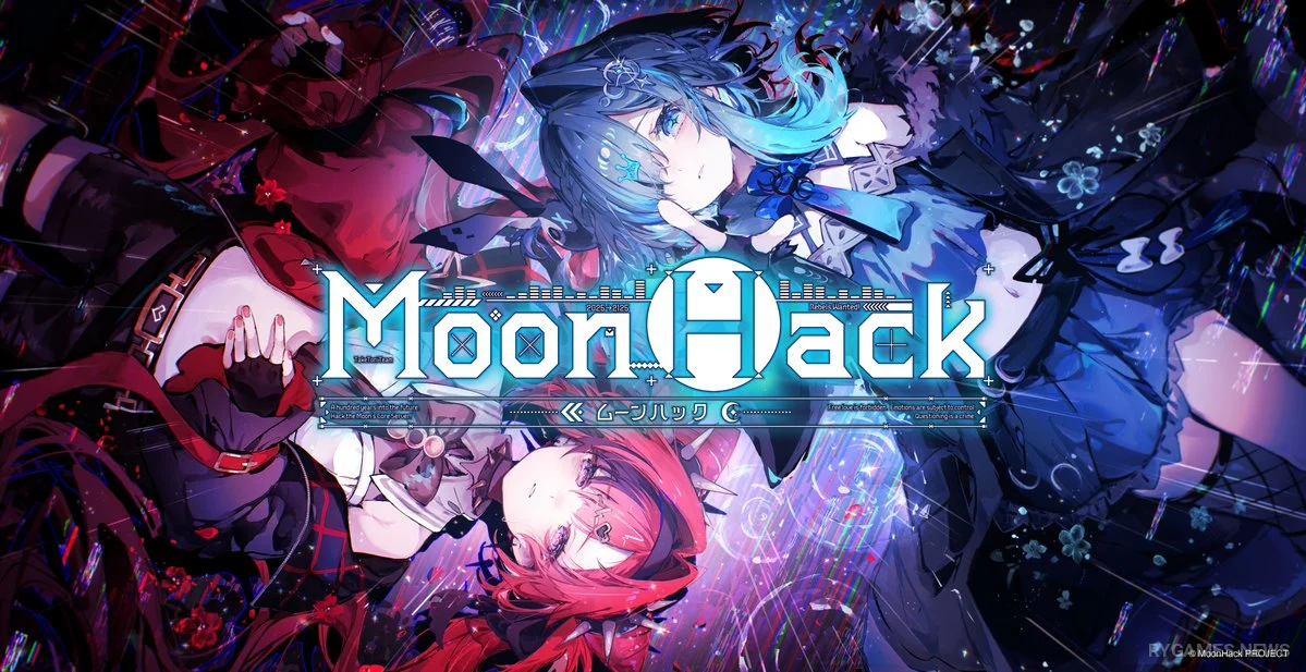 Key visual MoonHack menampilkan para gadis yang dicap sebagai kriminal dalam dunia AI tahun 2125