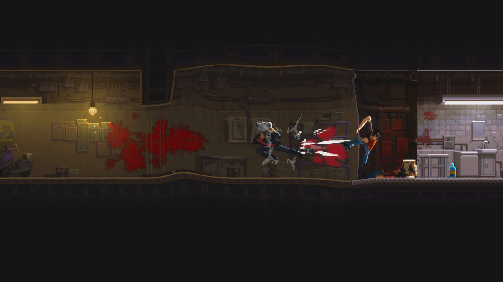 Deretan screenshot NOIR BLOOM yang memperlihatkan aksi gun-fu, pertarungan brutal, dan atmosfer neo-noir kota Kow Wing - gambar 1