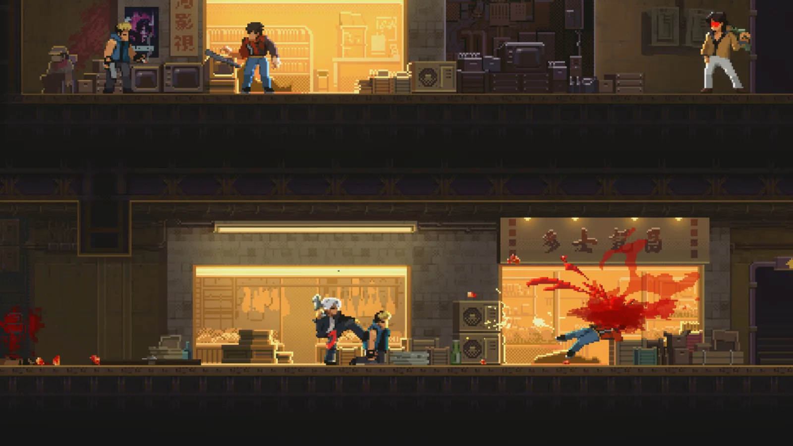 Deretan screenshot NOIR BLOOM yang memperlihatkan aksi gun-fu, pertarungan brutal, dan atmosfer neo-noir kota Kow Wing - gambar 2