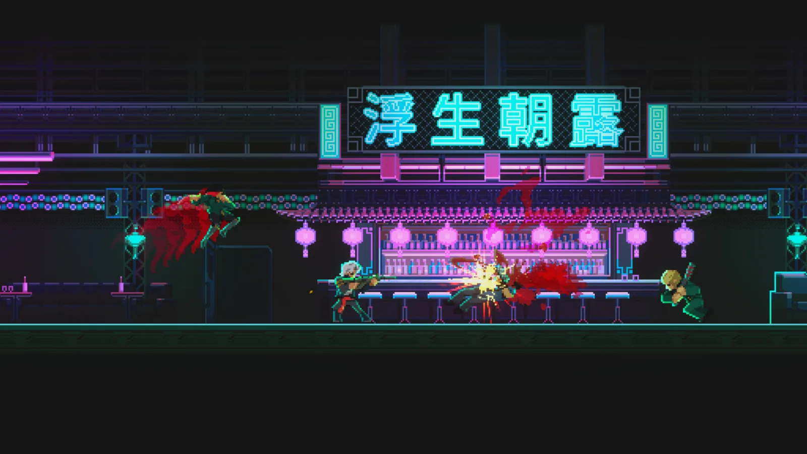 Deretan screenshot NOIR BLOOM yang memperlihatkan aksi gun-fu, pertarungan brutal, dan atmosfer neo-noir kota Kow Wing - gambar 3