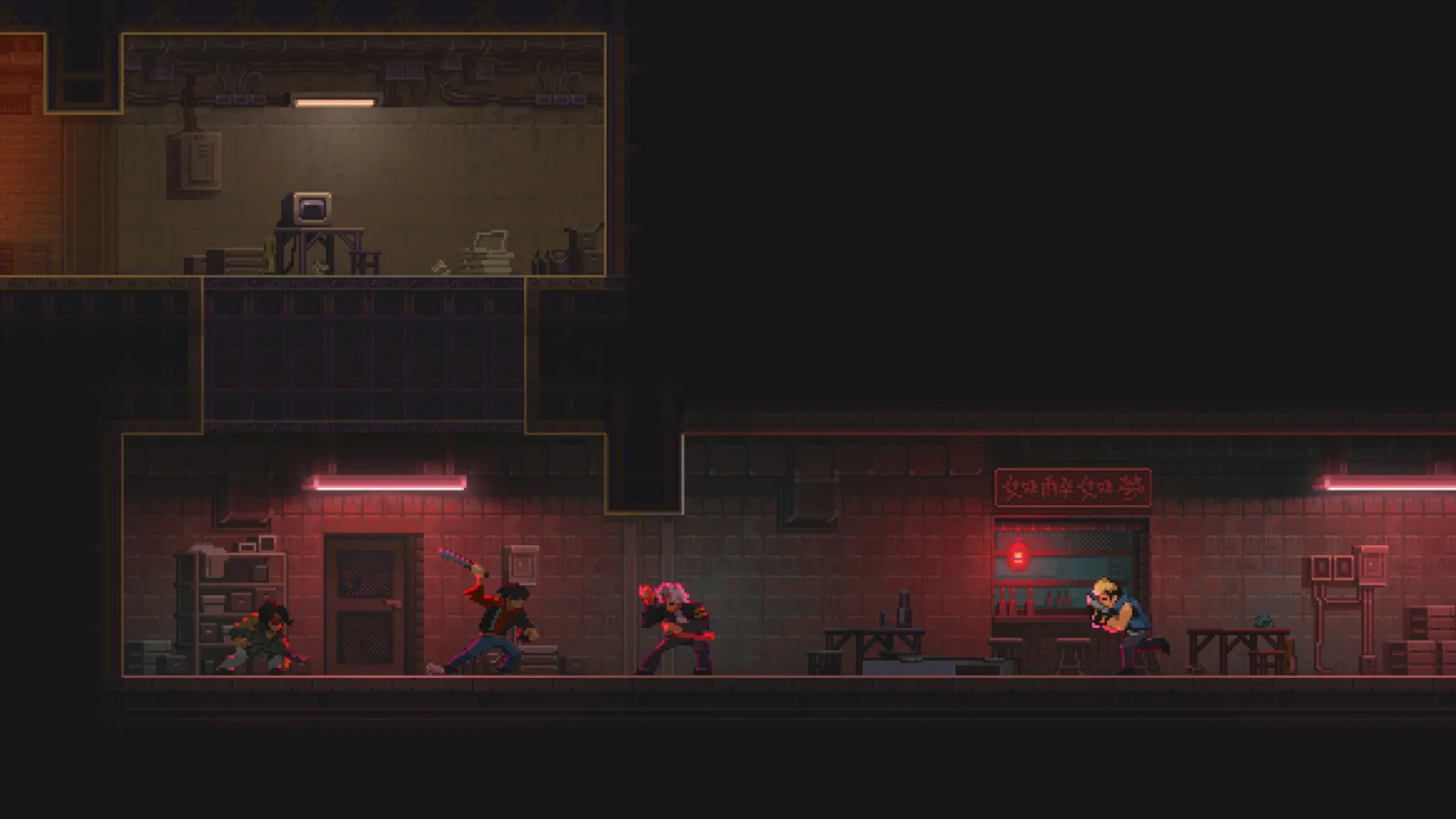 Deretan screenshot NOIR BLOOM yang memperlihatkan aksi gun-fu, pertarungan brutal, dan atmosfer neo-noir kota Kow Wing - gambar 4
