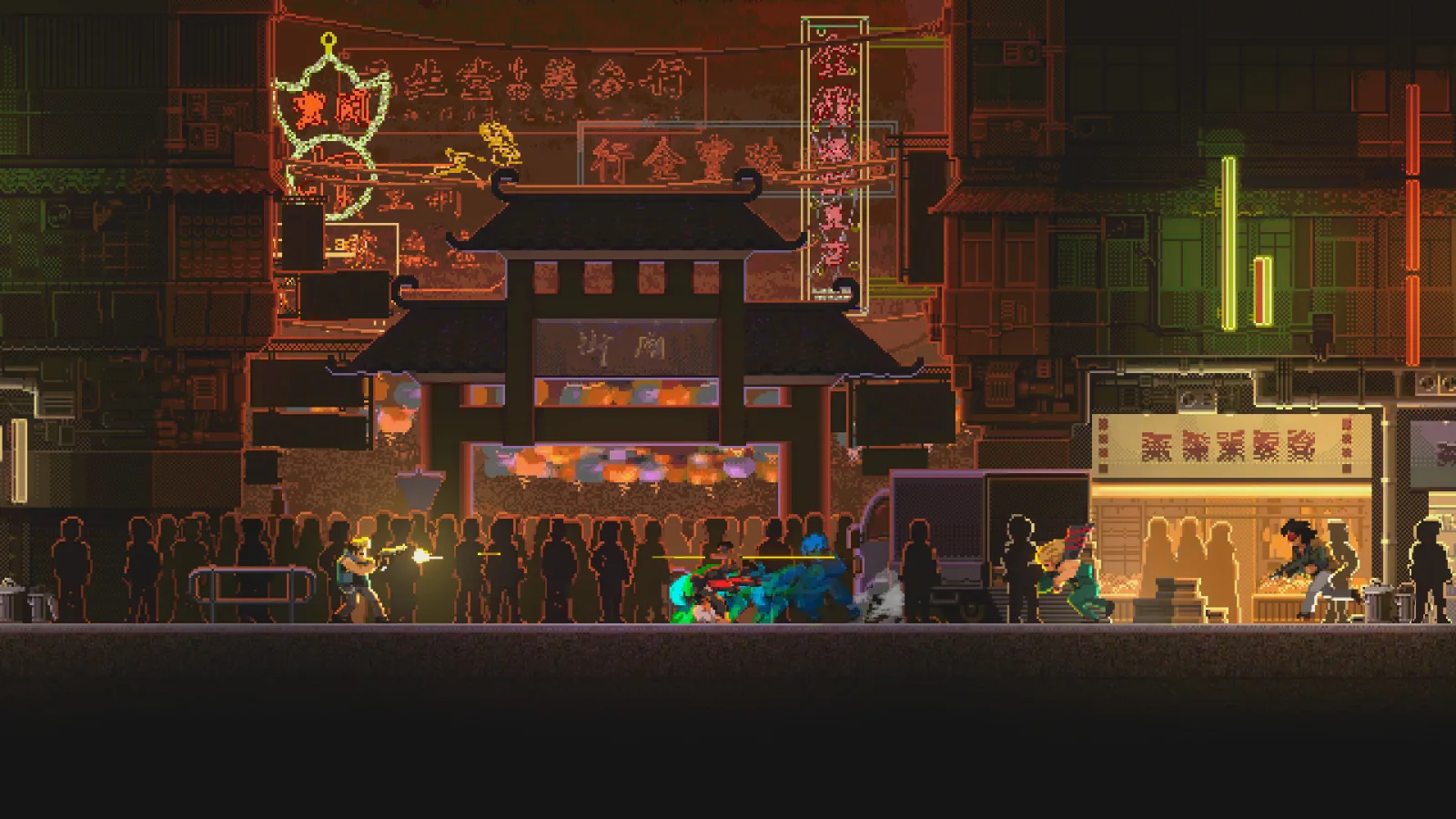 Deretan screenshot NOIR BLOOM yang memperlihatkan aksi gun-fu, pertarungan brutal, dan atmosfer neo-noir kota Kow Wing - gambar 6