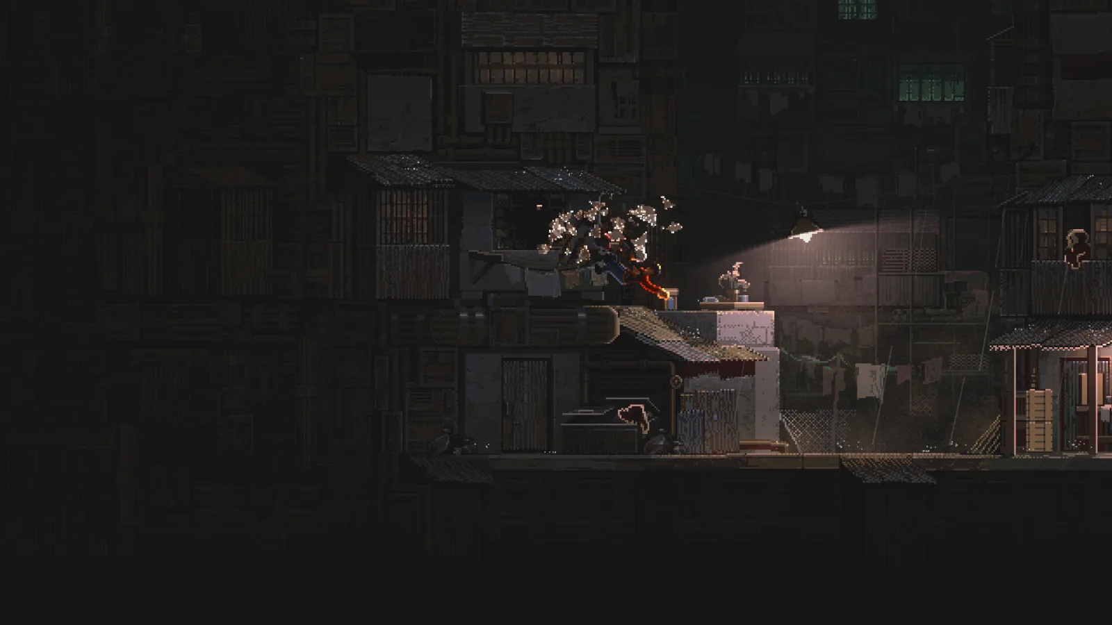 Deretan screenshot NOIR BLOOM yang memperlihatkan aksi gun-fu, pertarungan brutal, dan atmosfer neo-noir kota Kow Wing - gambar 8