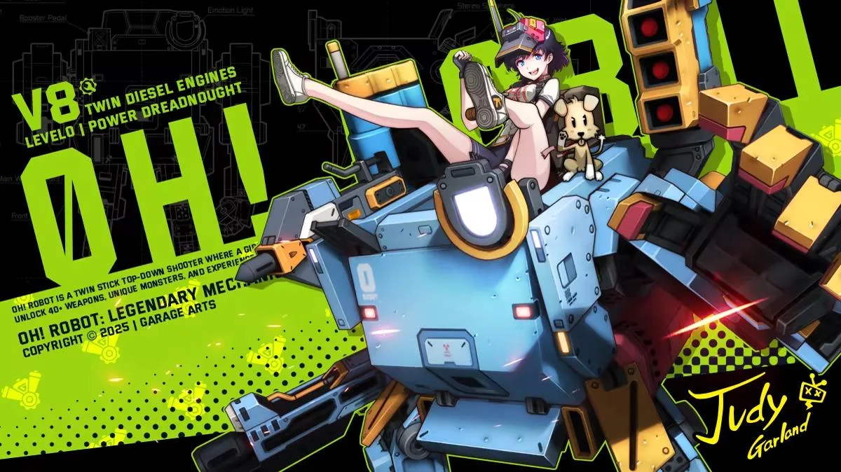 Deretan screenshot Oh! Robot: Legendary Mechanic yang memperlihatkan Judy, ZEROBOT, aksi top-down shooter, robot musuh, dan nuansa mecha klasik - gambar 1