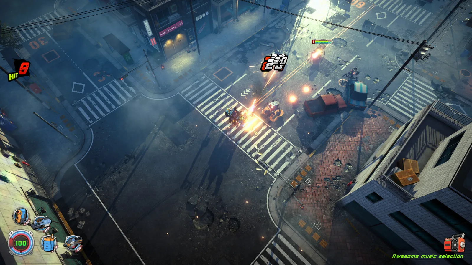 Deretan screenshot Oh! Robot: Legendary Mechanic yang memperlihatkan Judy, ZEROBOT, aksi top-down shooter, robot musuh, dan nuansa mecha klasik - gambar 4