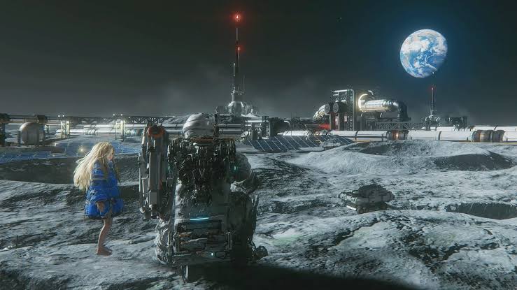 Cuplikan gameplay Pragmata yang menampilkan eksplorasi fasilitas bulan dan interaksi karakter