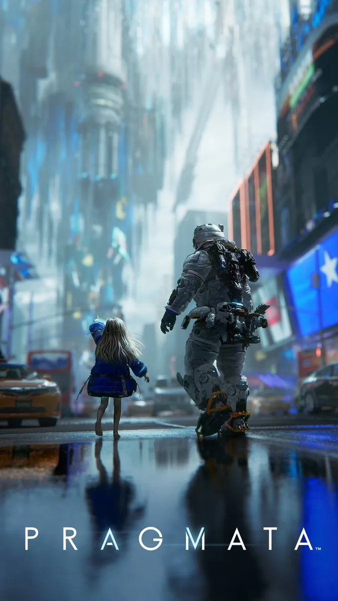 Key art PRAGMATA yang menampilkan Hugh Williams dan Diana dalam dunia sci-fi