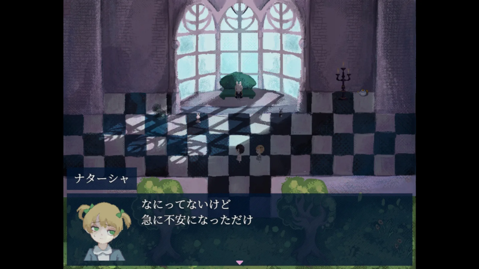 Deretan screenshot Rabbit Circle yang memperlihatkan gereja terbengkalai, para gadis, suasana tidak nyaman, dan elemen horor psikologis dalam game - gambar 1