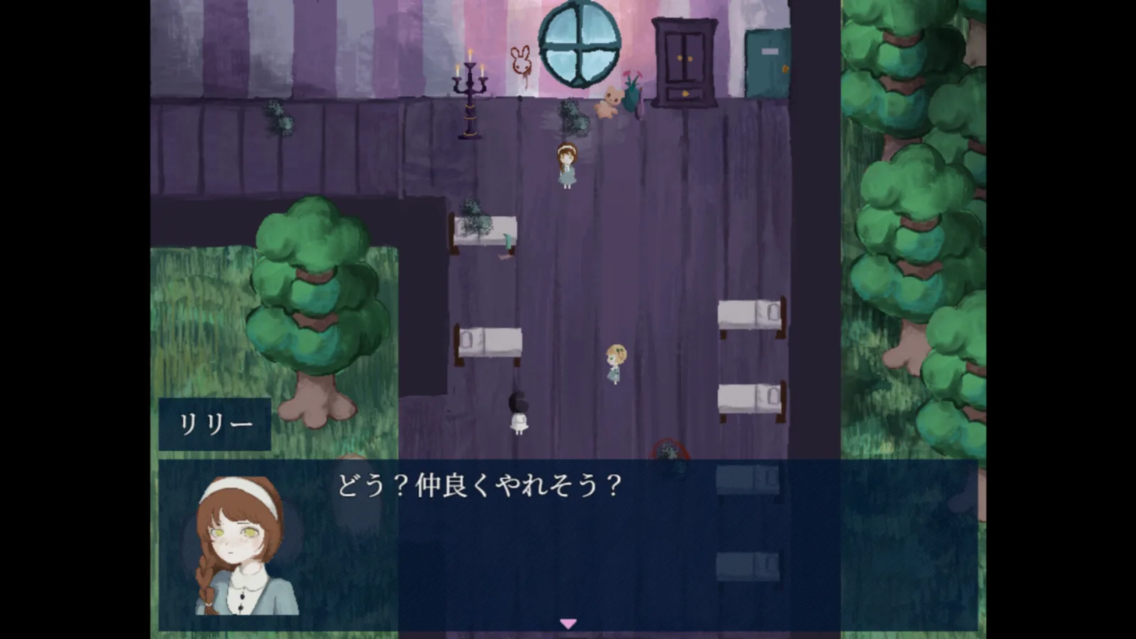 Deretan screenshot Rabbit Circle yang memperlihatkan gereja terbengkalai, para gadis, suasana tidak nyaman, dan elemen horor psikologis dalam game - gambar 4