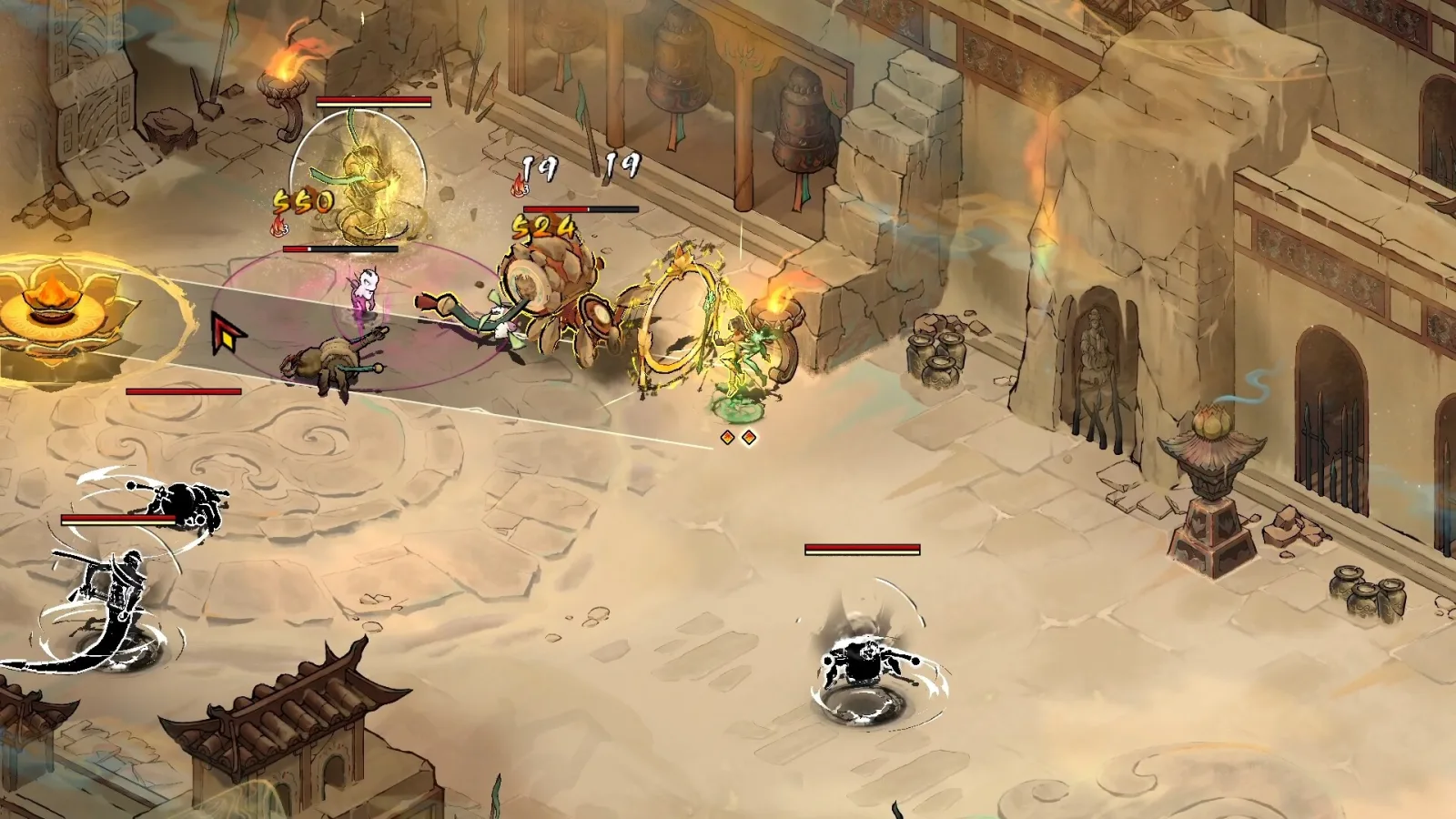 Deretan screenshot Realm of Ink yang menampilkan Oread dari BlazBlue Entropy Effect, combat roguelite, Ink Gem, Ink Pet, boss battle, dan dunia bergaya lukisan tinta - gambar 1