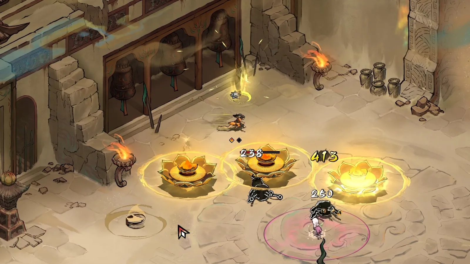 Deretan screenshot Realm of Ink yang menampilkan Oread dari BlazBlue Entropy Effect, combat roguelite, Ink Gem, Ink Pet, boss battle, dan dunia bergaya lukisan tinta - gambar 2