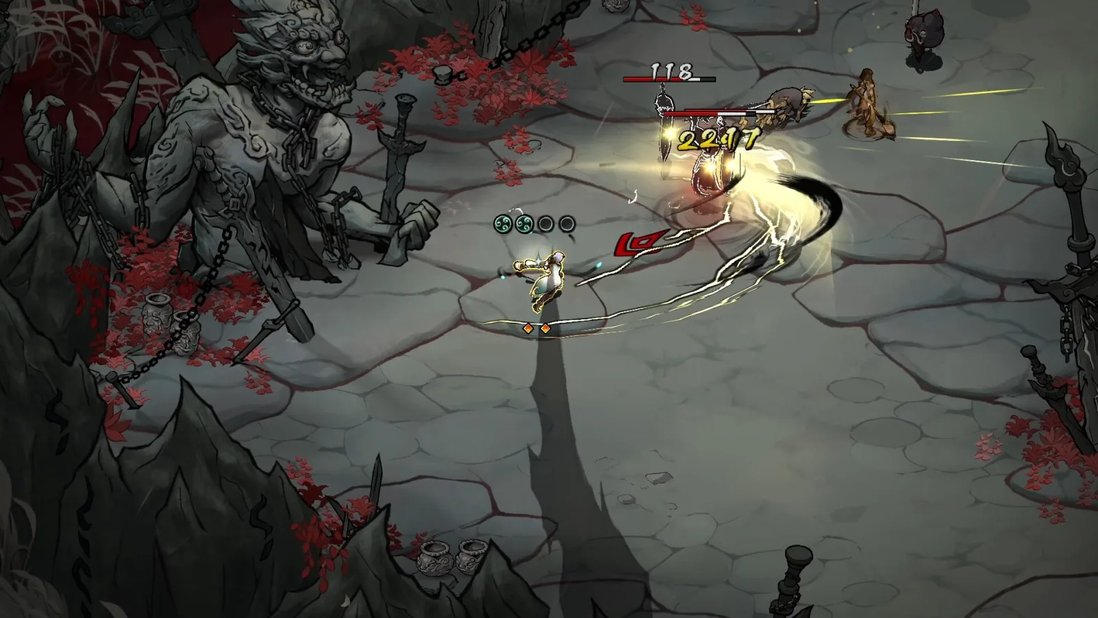 Deretan screenshot Realm of Ink yang menampilkan Oread dari BlazBlue Entropy Effect, combat roguelite, Ink Gem, Ink Pet, boss battle, dan dunia bergaya lukisan tinta - gambar 3