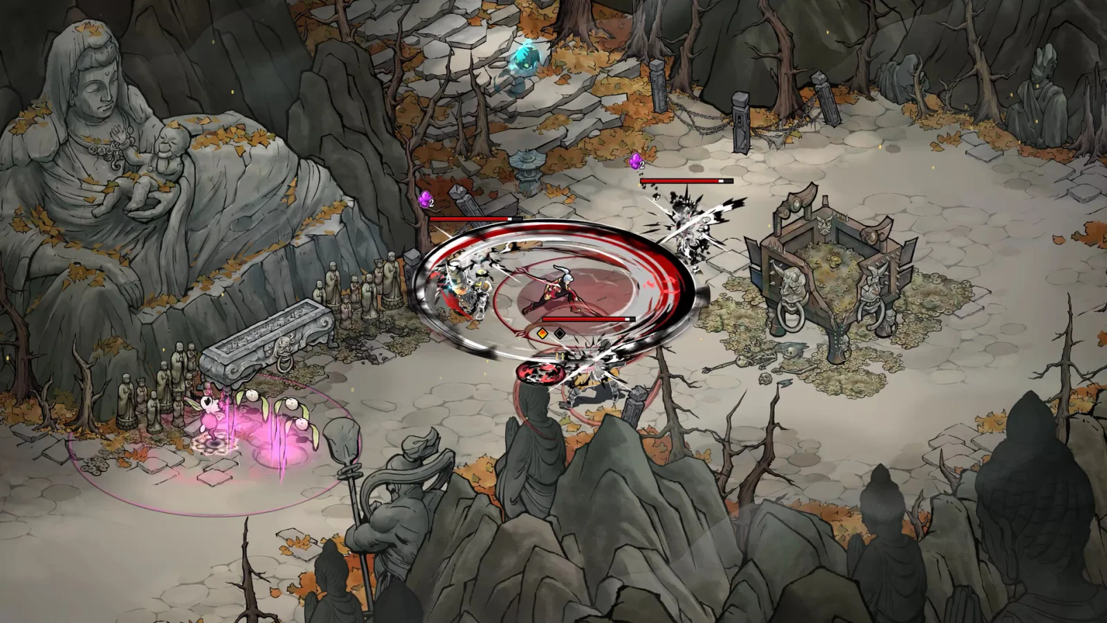 Deretan screenshot Realm of Ink yang menampilkan Oread dari BlazBlue Entropy Effect, combat roguelite, Ink Gem, Ink Pet, boss battle, dan dunia bergaya lukisan tinta - gambar 5
