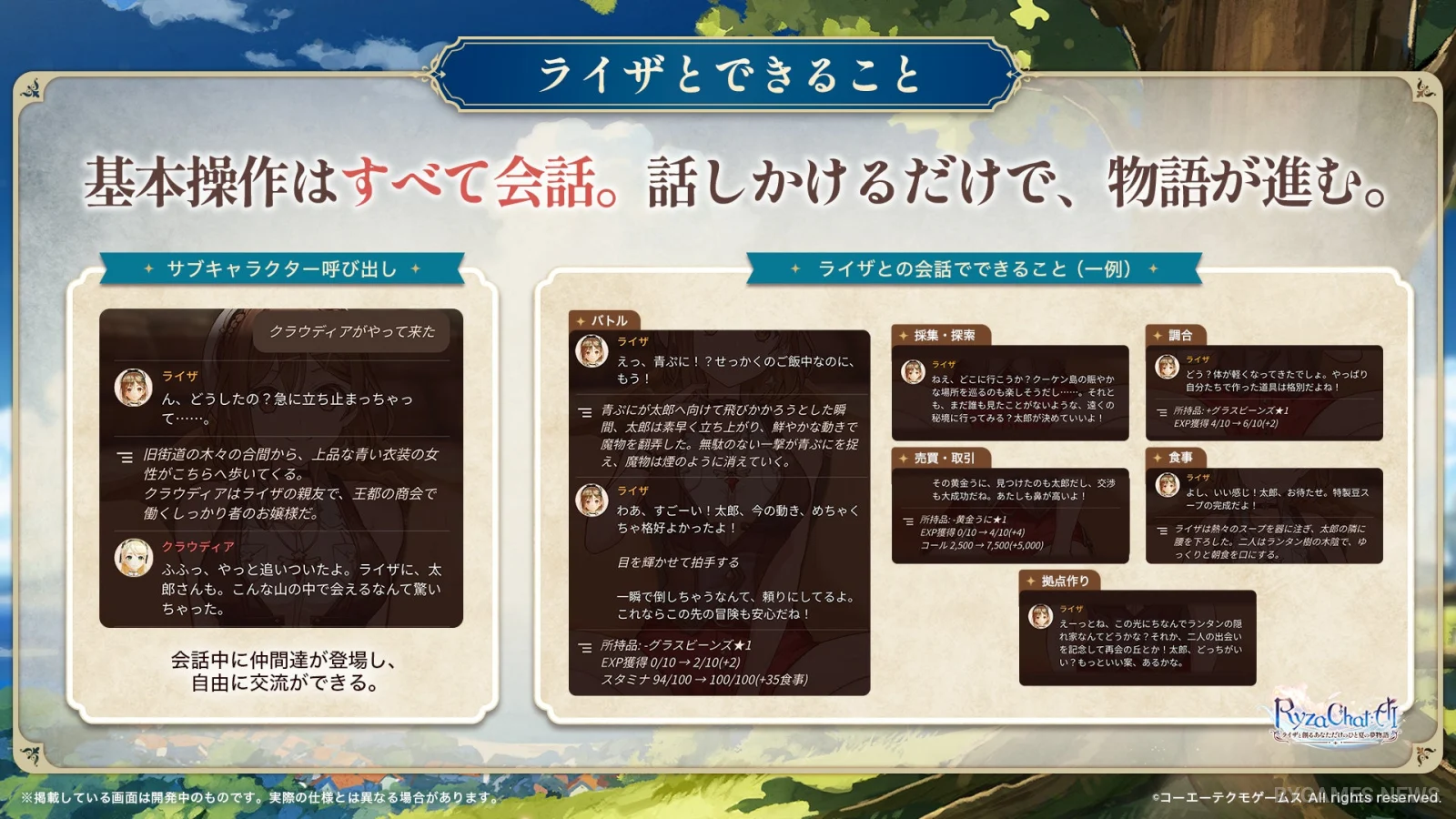 A collection of RyzaChatAI feature visuals showing special comments, conversation flow, RPG mode, and exploration systems. - gambar 4