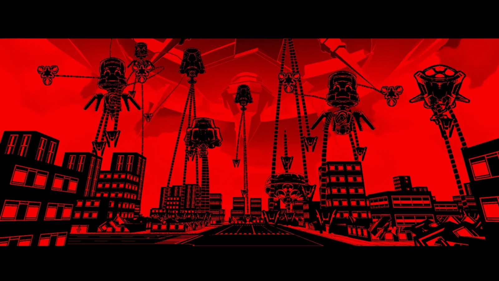 Deretan screenshot The Last Salvage Squad yang memperlihatkan aksi FPS 2.5D, CogrinaUnits, alien tripod, kota merah-hitam, dan suasana arcade sci-fi retro - gambar 6