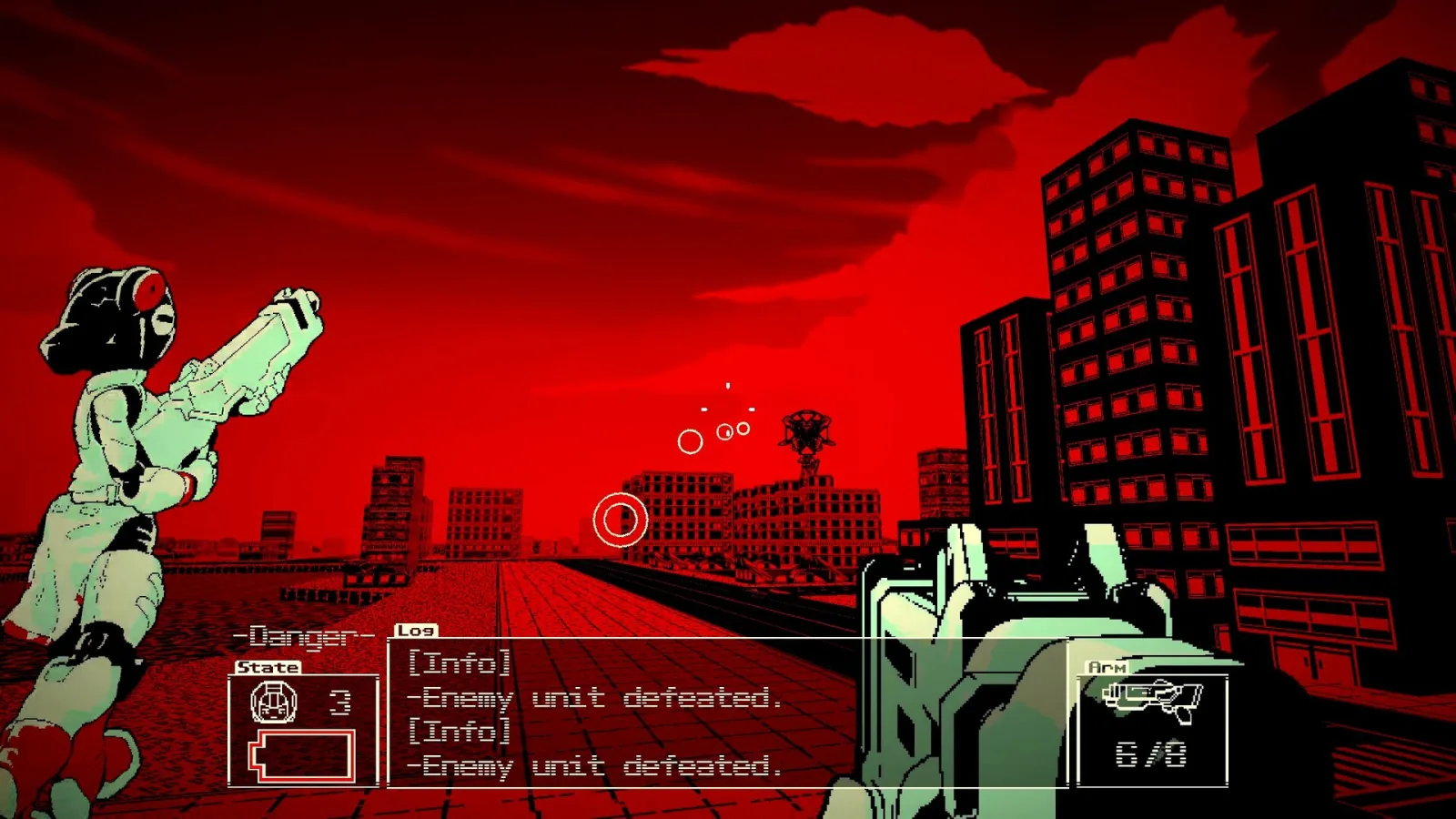 Deretan screenshot The Last Salvage Squad yang memperlihatkan aksi FPS 2.5D, CogrinaUnits, alien tripod, kota merah-hitam, dan suasana arcade sci-fi retro - gambar 8