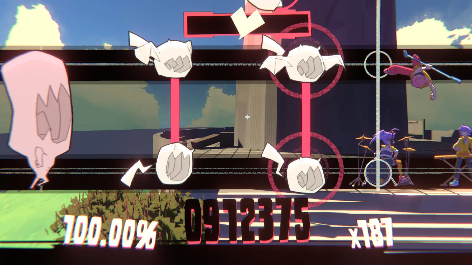 Deretan screenshot UNBEATABLE yang menampilkan Beat, band, panggung, gameplay rhythm, eksplorasi kota, visual anime hand-drawn, dan suasana dunia ketika musik dianggap ilegal - gambar 1
