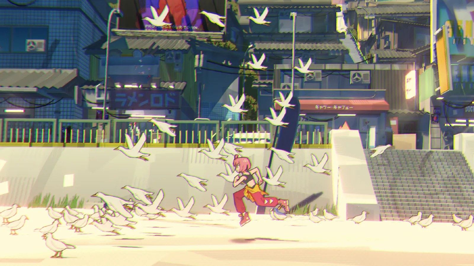 Deretan screenshot UNBEATABLE yang menampilkan Beat, band, panggung, gameplay rhythm, eksplorasi kota, visual anime hand-drawn, dan suasana dunia ketika musik dianggap ilegal - gambar 2
