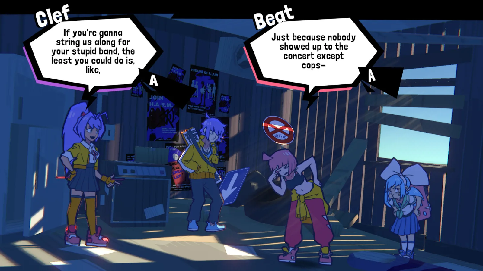 Deretan screenshot UNBEATABLE yang menampilkan Beat, band, panggung, gameplay rhythm, eksplorasi kota, visual anime hand-drawn, dan suasana dunia ketika musik dianggap ilegal - gambar 4