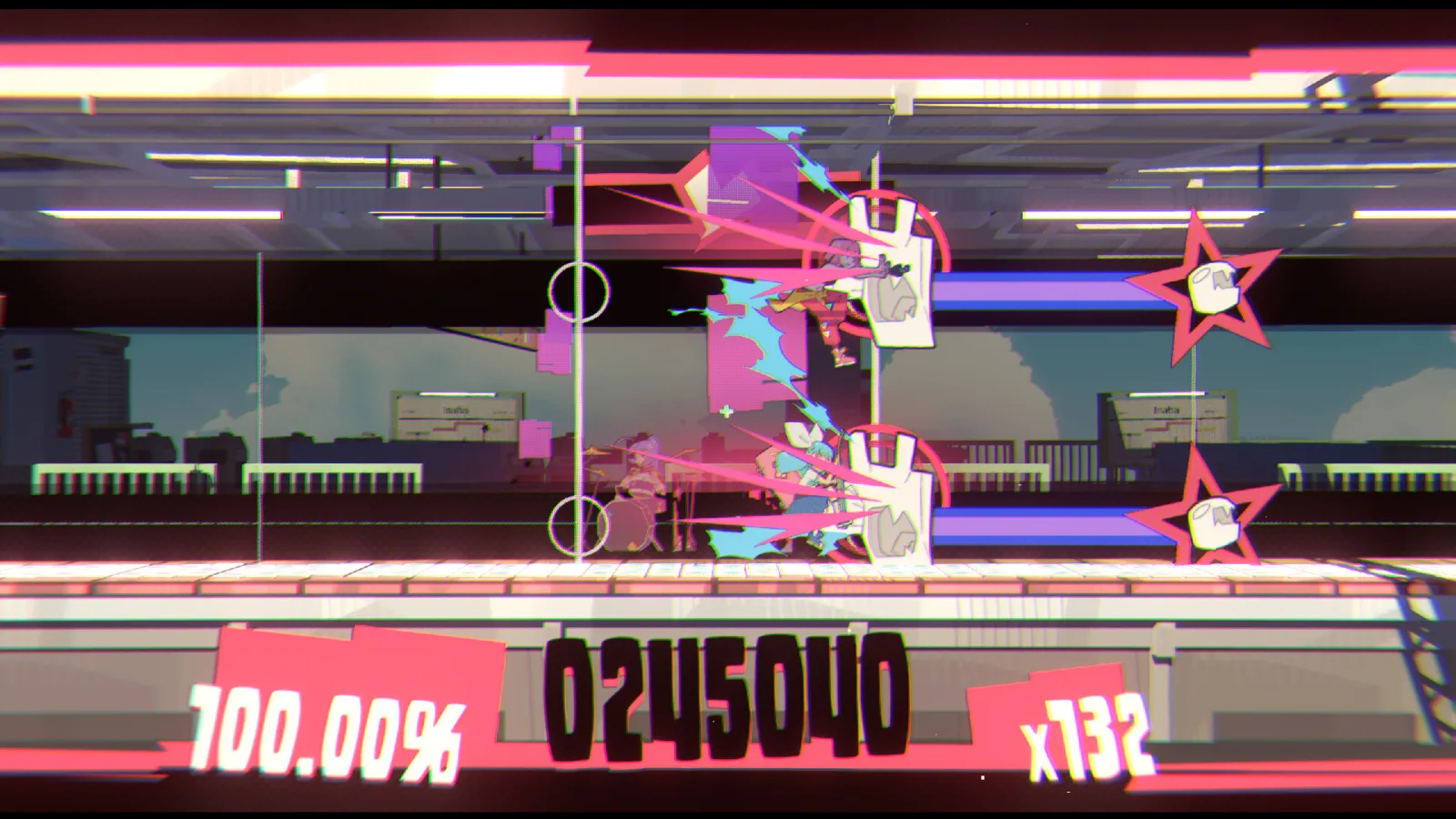 Deretan screenshot UNBEATABLE yang menampilkan Beat, band, panggung, gameplay rhythm, eksplorasi kota, visual anime hand-drawn, dan suasana dunia ketika musik dianggap ilegal - gambar 5