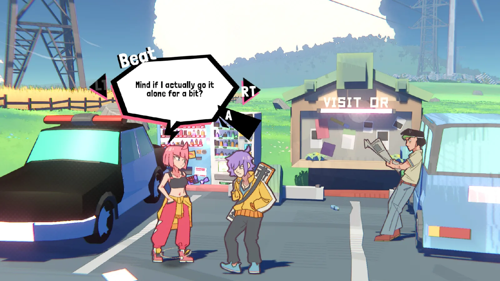 Deretan screenshot UNBEATABLE yang menampilkan Beat, band, panggung, gameplay rhythm, eksplorasi kota, visual anime hand-drawn, dan suasana dunia ketika musik dianggap ilegal - gambar 10